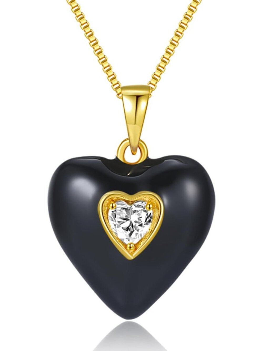 Gold Enamel Puffed Heart Pendant Necklace | Mini CZ Charm for Women 17''+2''